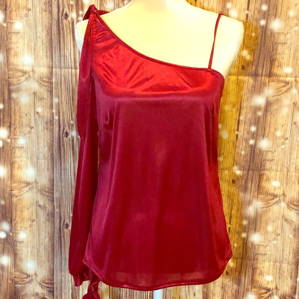 Rose And Grey Red Satin One Shoulder Top